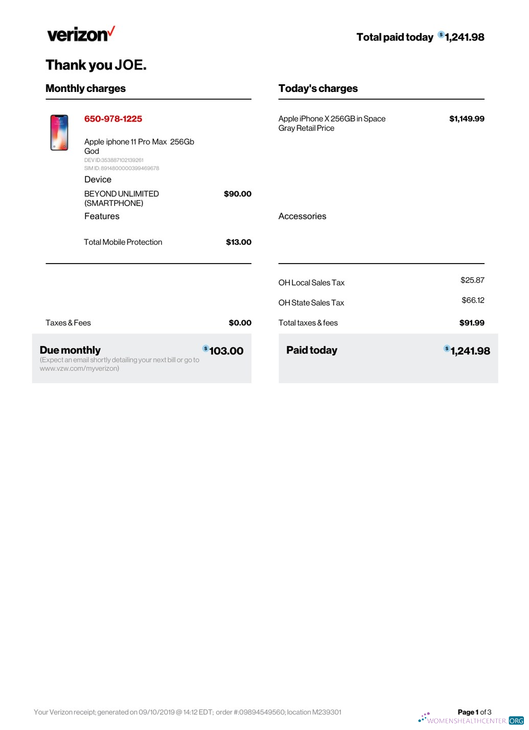 Download Verizon company payment receipt Photoshop template